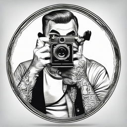 A tattoo design of a man looking through the viewfinder of an antique cinema camera while he self-films with a pistol.