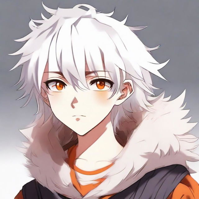 Anime style young boy with fluffy white hair and vibrant orange eyes.