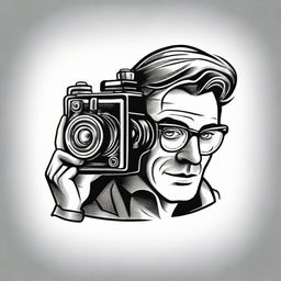 A tattoo design of a man looking through the viewfinder of a vintage cinema camera whilst self-recording.