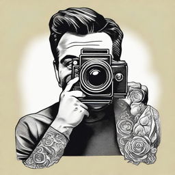 A tattoo design of a man looking through the viewfinder of a vintage cinema camera whilst self-recording.