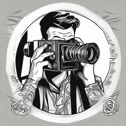 A tattoo design of a man looking through the viewfinder of a vintage cinema camera whilst self-recording.