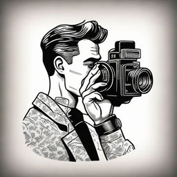 A tattoo design of a man looking through the viewfinder of a vintage cinema camera whilst self-recording.