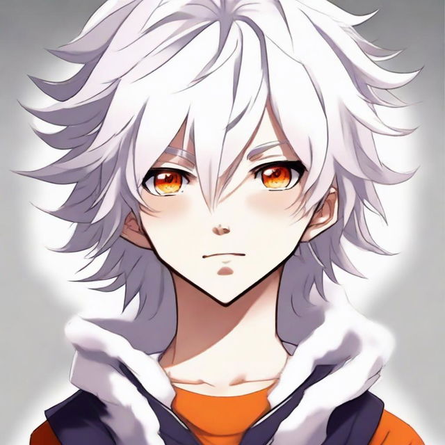 Anime style young boy with white fluffy hair and vibrant orange eyes, looking incredibly cute.