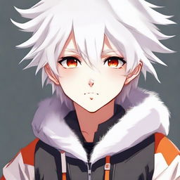 Anime style young boy with white fluffy hair and vibrant orange eyes, looking incredibly cute.