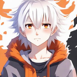 Anime style young boy with white fluffy hair and vibrant orange eyes, looking incredibly cute.