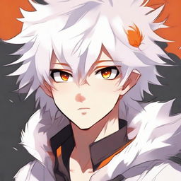 Anime style young boy with white fluffy hair and vibrant orange eyes, looking incredibly cute.