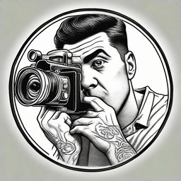 A tattoo design of a man looking through the viewfinder of a vintage 35mm cinema camera whilst self-recording.