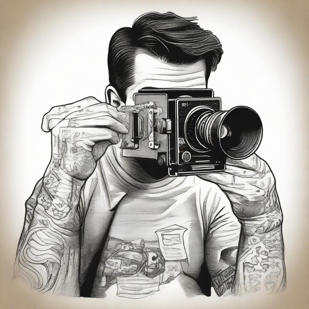 A tattoo design of a man looking through the viewfinder of a vintage 35mm cinema camera whilst self-recording.