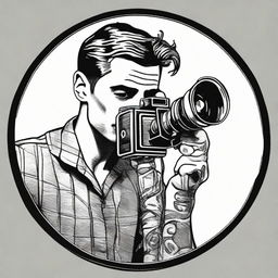 A tattoo design of a man looking through the viewfinder of a vintage 35mm cinema camera whilst self-recording.