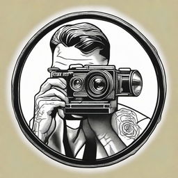 A tattoo design of a man looking through the viewfinder of a vintage 35mm cinema camera whilst self-recording.