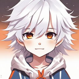 Anime style young child with fluffy white hair and vibrant orange eyes, exuding cuteness.