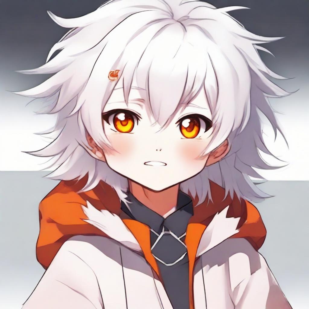 Anime style young child with fluffy white hair and vibrant orange eyes, exuding cuteness.