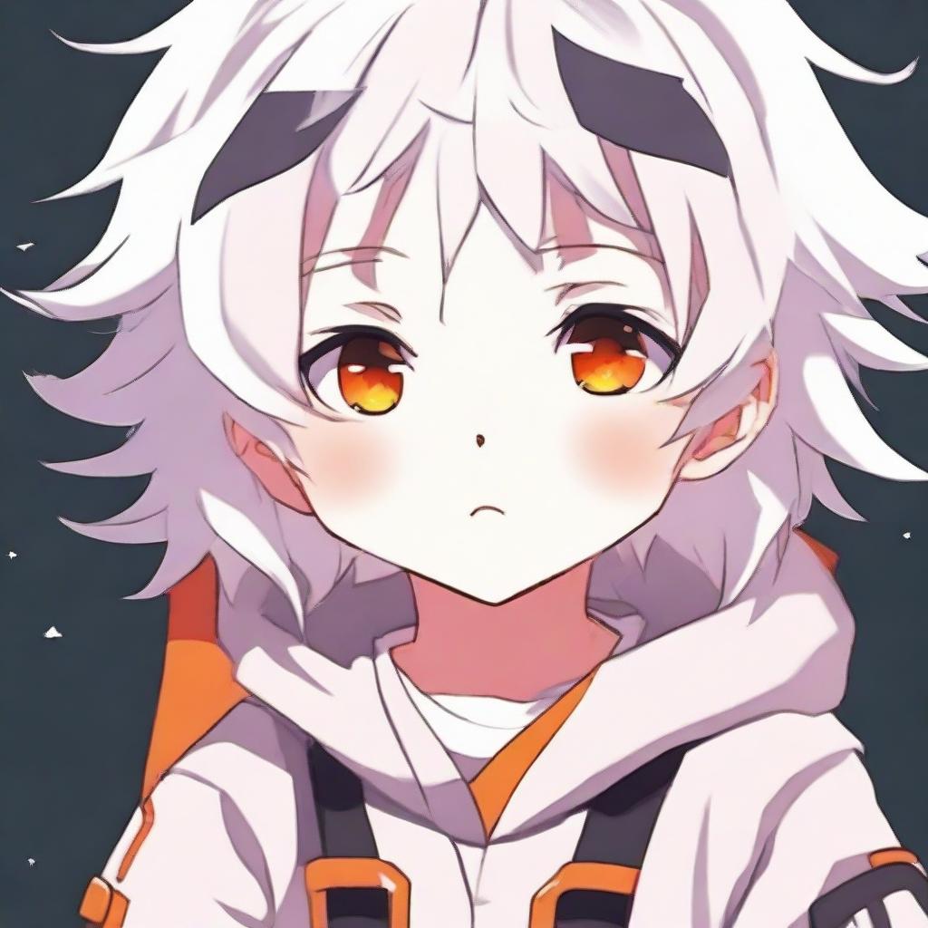 Anime style young child with fluffy white hair and vibrant orange eyes, exuding cuteness.