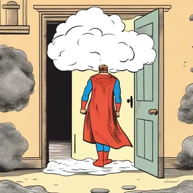 As the superhero opened the mysterious door, a cloud of fusty air engulfed him, creating a suspenseful moment in the comic strip.