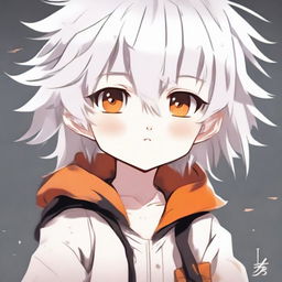 Anime style young child with fluffy white hair and vibrant orange eyes, exuding cuteness.