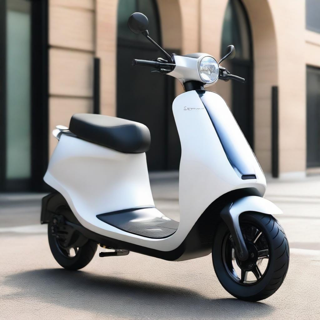 An aerodynamic, sleek electric two-wheeler scooter with a modern design, streamlined body, and smooth contours