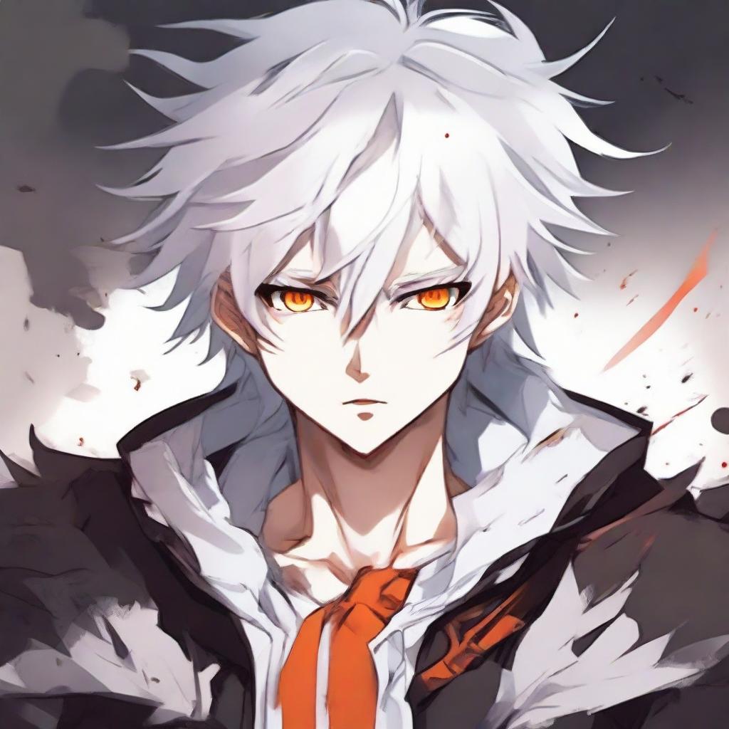 Anime style teen boy with white fluffy hair and orange eyes, showing signs of heroic distress with blood after a hard fought battle.