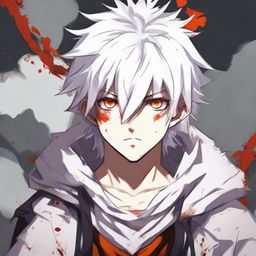 Anime style teen boy with white fluffy hair and orange eyes, showing signs of heroic distress with blood after a hard fought battle.