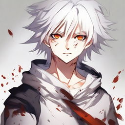 Anime style teen boy with white fluffy hair and orange eyes, showing signs of heroic distress with blood after a hard fought battle.