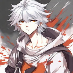 Anime style teen boy with white fluffy hair and orange eyes, showing signs of heroic distress with blood after a hard fought battle.