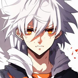 Anime style teen boy with white fluffy hair and orange eyes, showing signs of heroic distress with blood after a tough fight.