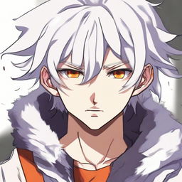 Anime style teen boy with white fluffy hair and orange eyes, showing signs of heroic distress with blood after a tough fight.