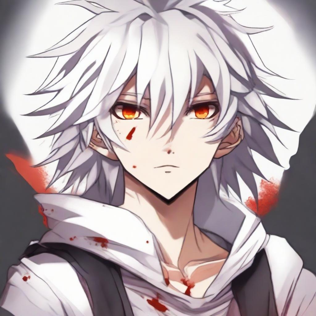 Anime style teen boy with white fluffy hair and orange eyes, showing signs of heroic distress with blood after a tough fight.