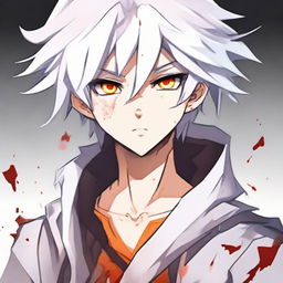 Anime style teen boy with white fluffy hair and orange eyes, showing signs of heroic distress with blood after a tough fight.