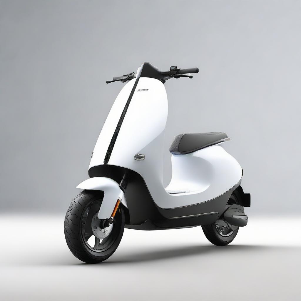 An aerodynamic, sleek electric two-wheeler scooter with a modern design, streamlined body, and smooth contours