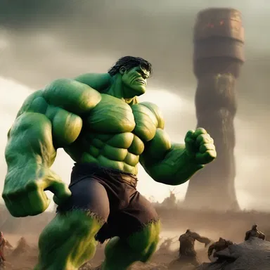 The hulky villain towered over the hero in the final epic battle scene.