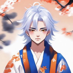 Teenage boy with fluffy white hair and vibrant orange eyes, dressed in a traditional blue samurai robe.