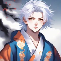 Teenage boy with fluffy white hair and vibrant orange eyes, dressed in a traditional blue samurai robe.