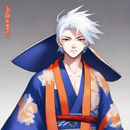 Teenage boy with fluffy white hair and vibrant orange eyes, dressed in a traditional blue samurai robe.