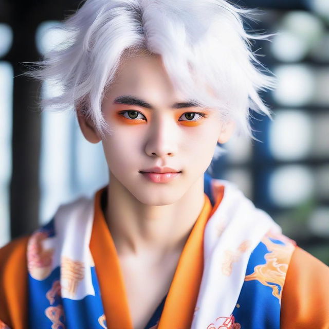 Teenage boy with fluffy white hair and vibrant orange eyes, dressed in a traditional blue samurai robe.