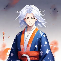 Teenage boy with fluffy white hair and vibrant orange eyes, dressed in a traditional blue samurai robe.