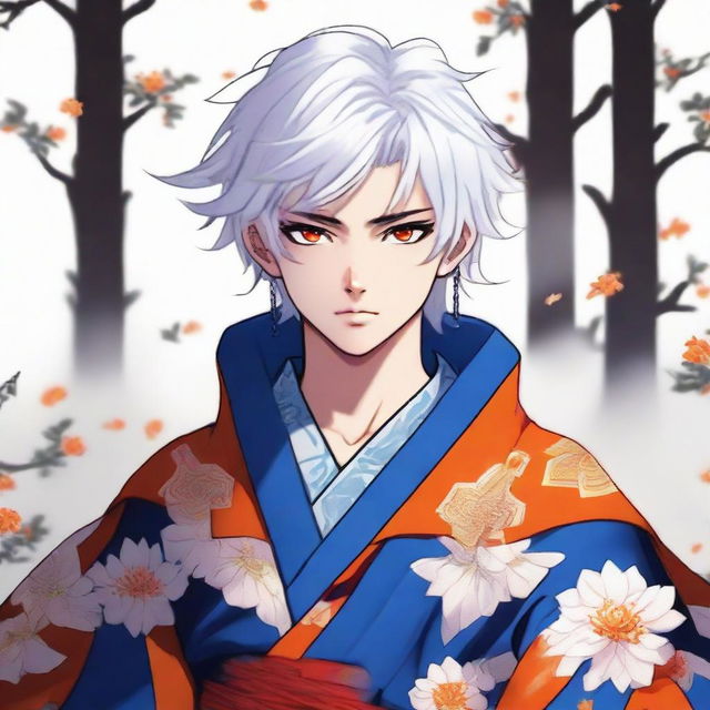 Teenage boy with fluffy white hair and vibrant orange eyes, dressed in a traditional blue samurai robe.