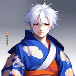 Teenage boy with fluffy white hair and vibrant orange eyes, dressed in a traditional blue samurai robe.