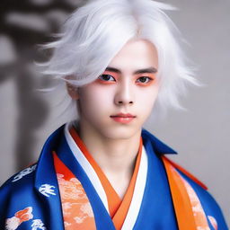 Teenage boy with fluffy white hair and vibrant orange eyes, dressed in a traditional blue samurai robe.