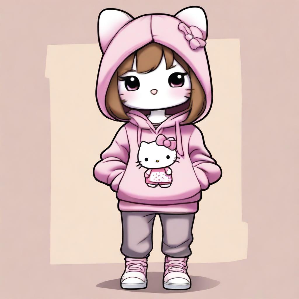 A semi-realistic, high-quality digital art piece featuring Hello Kitty in a new, trendy attire