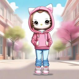 A semi-realistic, high-quality digital art piece featuring Hello Kitty in a new, trendy attire