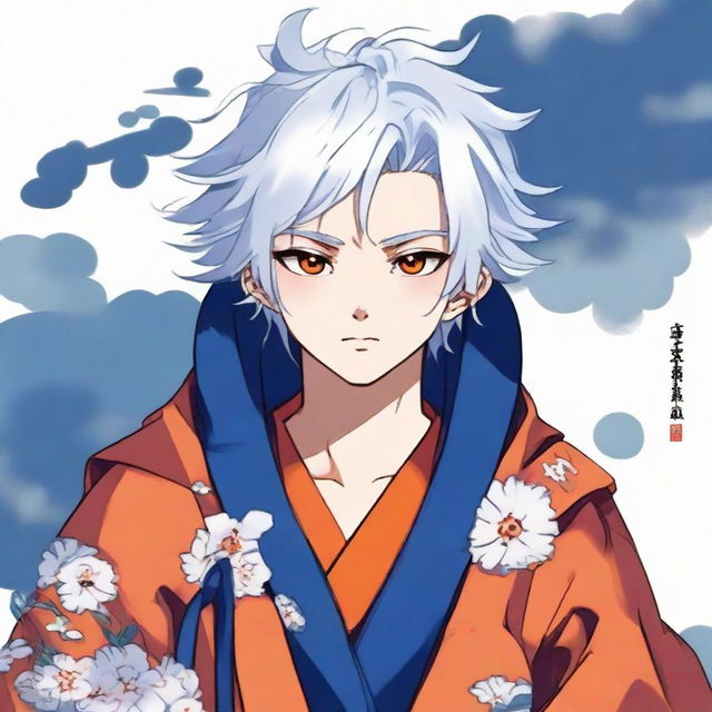 Teenage boy with fluffy white hair and vibrant orange eyes, dressed in a traditional blue samurai robe.