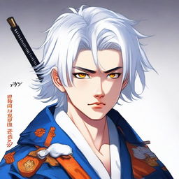 Teenage boy with fluffy white hair and vibrant orange eyes, dressed in a traditional blue samurai robe.