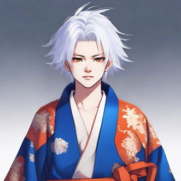 Teenage boy with fluffy white hair and vibrant orange eyes, dressed in a traditional blue samurai robe.