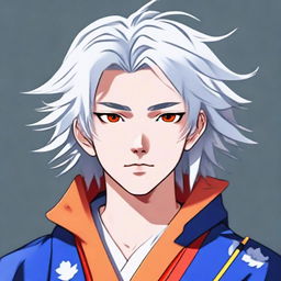 Teenage boy with fluffy white hair and vibrant orange eyes, dressed in a traditional blue samurai robe.