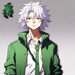 Nagito Komaeda from Danganronpa, showcasing his distinctive white hair, green eyes and casual outfit.