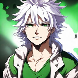 Nagito Komaeda from Danganronpa, showcasing his distinctive white hair, green eyes and casual outfit.