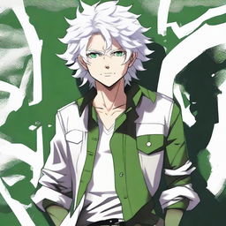 Nagito Komaeda from Danganronpa, showcasing his distinctive white hair, green eyes and casual outfit.