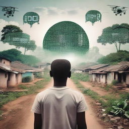 Image displaying a journey from poverty to wealth through the lens of artificial intelligence, all against a natural backdrop.