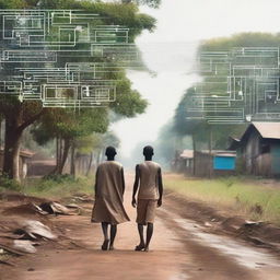 Image displaying a journey from poverty to wealth through the lens of artificial intelligence, all against a natural backdrop.