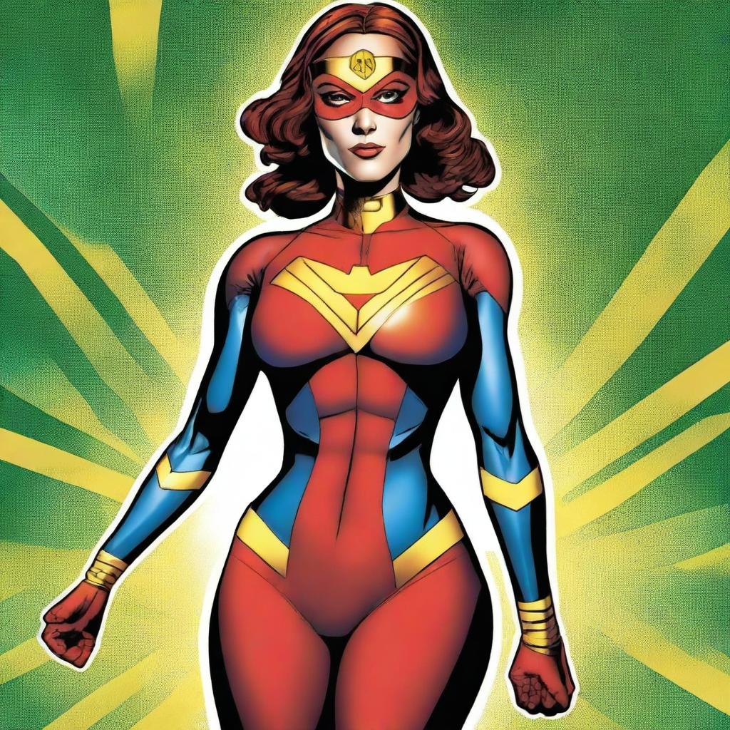 A digital art image showcasing a superheroine, dressed in a tasteful suit with a unique, light-reflecting 'panties' emblem